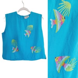 Vintage Moe Embroidered Fish Linen Blend Sleeveless Top